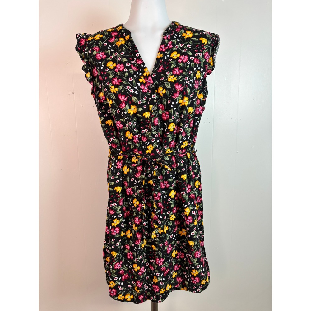 Old Navy Dress Small Black Floral Flutter Sleeve Tie Waist Womens